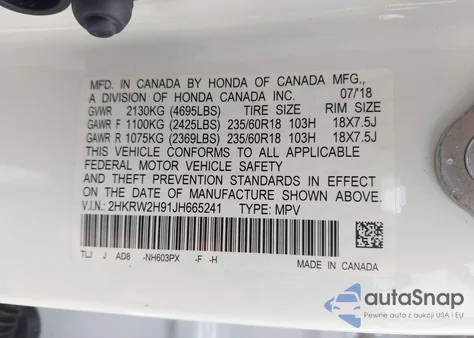 2018 Honda Cr-V Touring z USA, uszkodzony, nr VIN 2HKRW2H91JH665241